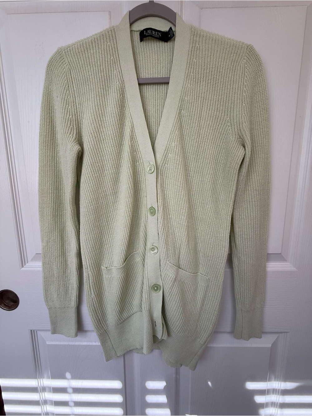 Ralph Lauren Light Sage Green Ribbed V-Neck Cardigan